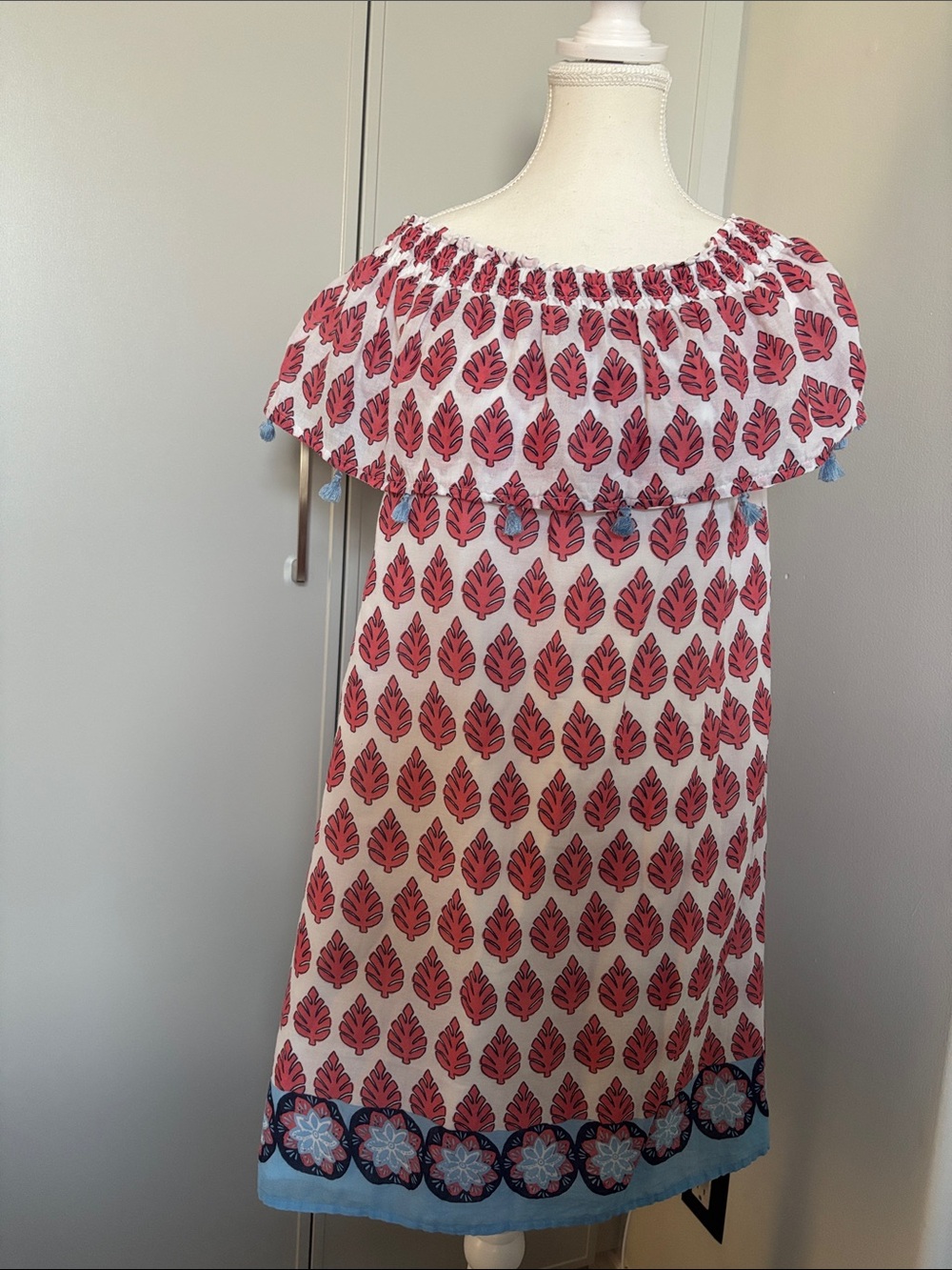 Hatley White Dress with Pink Leaf Print and Blue Tassel Trim